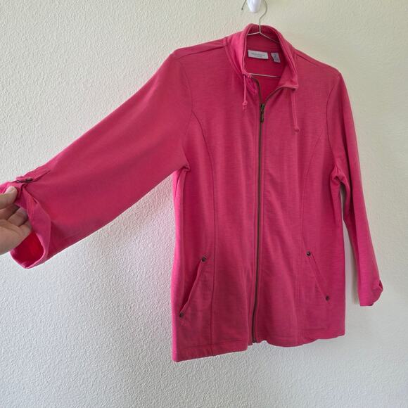 Chicos Weekends Zip Front Jacket Pink Womens Size L Cotton Slub Funnel Neck - Picture 6 of 11